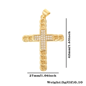 Macro view of gold plated cross pendant with cubic zirconia and exact measurements