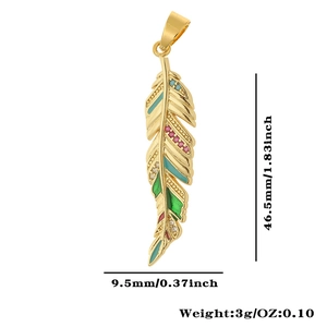 Detailed view of colorful enamel feather pendant with precise dimensions 46.5mm by 9.5mm