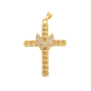 Classic gold cross pendant with central zircon butterfly and twisted woven texture