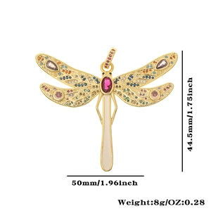 Detailed view of colorful dragonfly pendant with multi-tone zircons and size dimensions