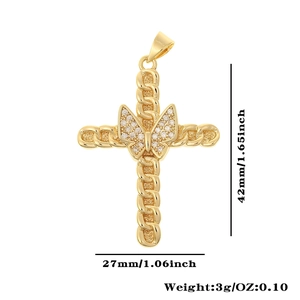 Macro view of gold cross pendant with crystal butterfly, size 42mm by 27mm