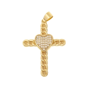 Detailed close-up of golden heart cross pendant with micro-pave cubic zirconia