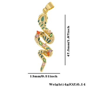 Macro detail of snake pendant with colorful zircons and size measurements shown