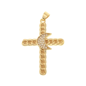 Detailed view of golden cross pendant with twisted texture and crystal crescent moon