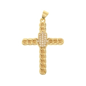 Macro detail of golden textured cross pendant featuring a zircon encrusted Hamsa Hand