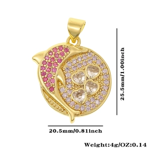 Macro view of gold-plated dolphin pendant with pink and clear zircon detailing and dimensions
