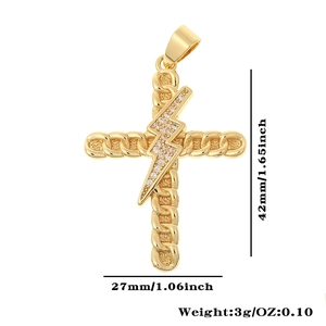 Detail of gold cross pendant with lightning bolt inlay and dimension measurements