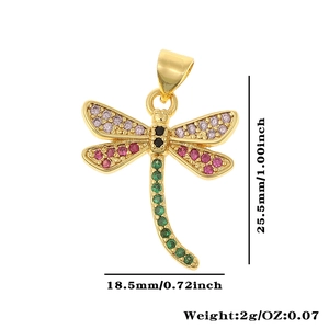 Detailed view of gold dragonfly pendant dimensions 25.5x18.5mm with colorful gemstones
