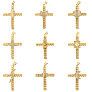 Vintage Religious Cross Pendant Copper Zirconia Inlaid DIY Fashion Accessory Jewelry For Women Men Golden Color Charm