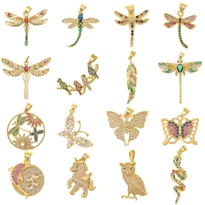 Fashion Zirconia Copper Animal Pendant For Women DIY Necklace Jewelry Gold Plated Dragonfly Unicorn Butterfly Snake Bird Pendant Charms