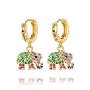 Exquisite gold elephant hoop earrings with colorful micro-pave crystals on white background