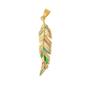 Exquisite gold feather pendant with colorful enamel inlay and sparkling zircon accents