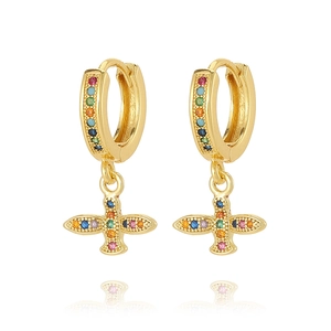 Golden huggie earrings with turtle charms and multicolored rainbow cubic zirconia crystals