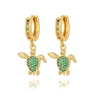 Gold turtle hoop earrings with colorful rainbow zircons and green crystal sea turtle charms