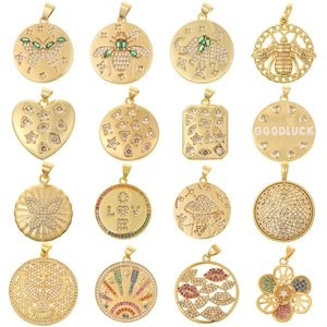 Pendente in Rame Placcato Oro Vero Intagliato Zirconia Retro Moda Farfalla Ape Cuore Elefante Gioiello Geometrico Donna