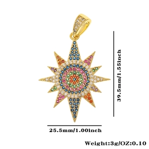 Vintage Sonnenstern Anhänger mit bunten Zirkoniasteinen und Goldbeschichtung mit Maßen