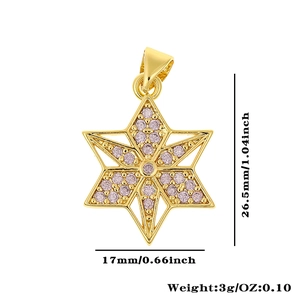 Detailansicht eines goldfarbenen Hexagramm-Anhängers mit rosa Steinen und Maßen