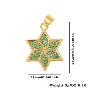 Detailliertes Maßblatt für goldene Hexagramm-Anhänger mit grünem Kristall, 17mm x 26,5mm