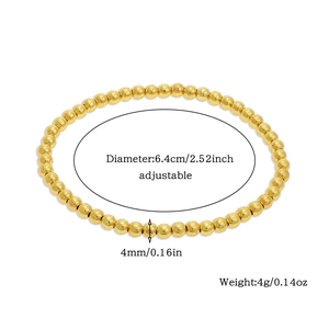 Detailed view of adjustable 4mm gold beaded bracelet with size and weight specs