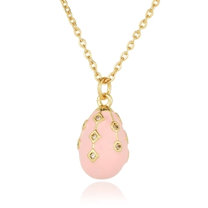 Detailed close-up of a pink enamel egg pendant with gold-plated zircon on a dainty chain