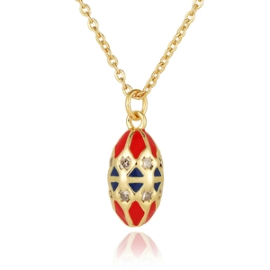 Elegant Fabergé style egg pendant necklace with red and blue enamel and gold chain
