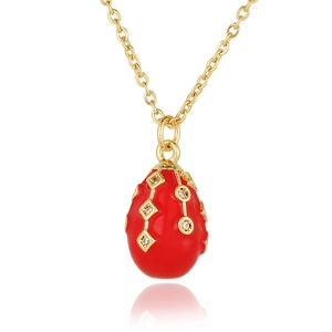 18K gold plated copper necklace with red enamel egg pendant and sparkling zircon stones