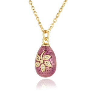 Vintage purple enamel egg pendant necklace with gold flower and cubic zirconia accents