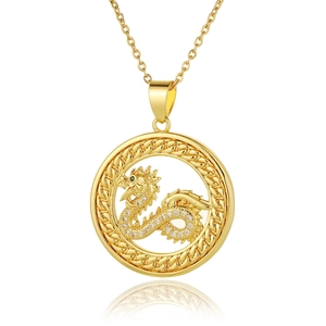 Exquisito collar con colgante de dragón dorado con circonitas y ojo de gema verde