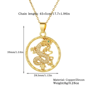 Especificaciones detalladas de tamaño para collar colgante de dragón dorado con circonia
