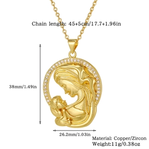 Detailed view of Virgin Mary and Child oval pendant with white zircon inlay on gold chain