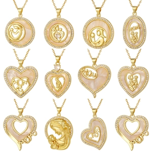 Set of 12 gold-plated heart and round MOM pendants with shell inlay and cubic zirconia