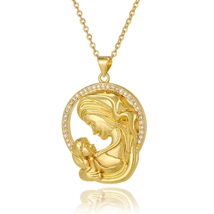 Gold plated Mother and Child pendant necklace with zircon inlay for Mother's Day gifts