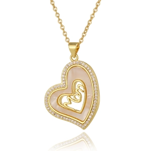 Gold Mom heart pendant necklace with shimmering white zircons and shell texture inlay