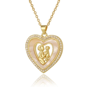 Macro detail of MOM heart pendant with mother-child embrace and inlaid shell