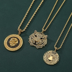 Collier Pendentif Tête de Lion Tigre en Cuivre Plaqué Or Hip Hop Avec Décoration en Émail Zircon Chaîne Torsadée Bijoux