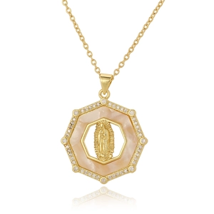 Gold Virgin Guadalupe necklace with hexagon frame, mother of pearl inlay and zircons