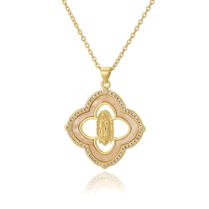 Detail of clover necklace with pink mother-of-pearl and gold Virgin Mary pendant