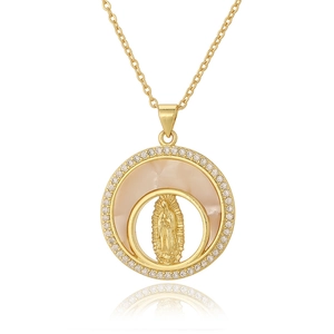 Detail of gold Virgin Mary pendant with white zircon halo and pink shell inlay