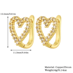 Detailed dimensions of 18K gold plated copper heart earrings with cubic zirconia stones