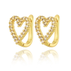 Exquisite 18K gold plated heart huggie earrings with cubic zirconia stones on white base