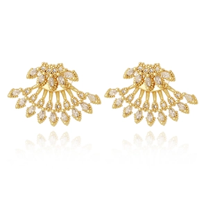 Macro detail of 18K gold plated fan-shaped earrings with sparkling cubic zirconia
