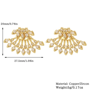 Detailed specs for 18K gold plated zircon fan earrings measuring 20mm by 27.5mm