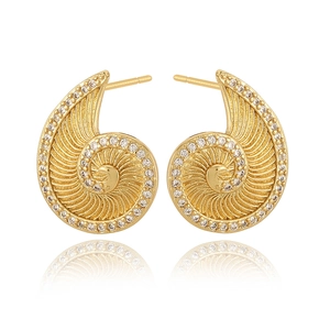 Macro detail of gold-plated nautical spiral earrings with pave-set zircon stones