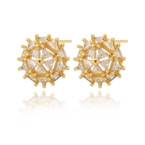 Close-up of 18K gold plated geometric drop earrings with sparkling cubic zirconia