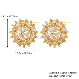Detail view of 15.2mm cluster stud earrings in 18K gold plated copper with clear zircons
