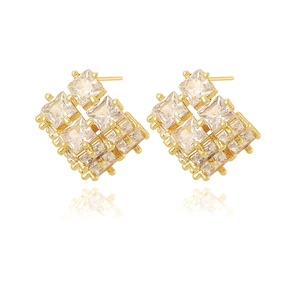 Detailed close-up of geometric square zircon earrings with 18K gold plated finish