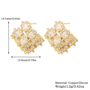 Detail view of gold square zircon earrings showing dimensions 16.5mm by 19.8mm