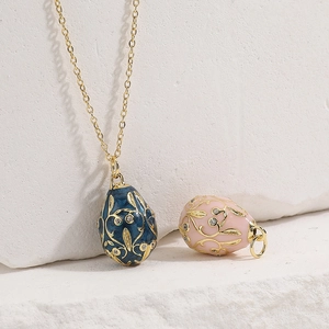Faberge style 18K gold plated egg pendant necklace with enamel floral pattern and zircons