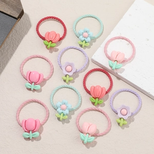 Set van 10 kleurrijke elastische haarbanden voor kinderen met schattige bloemen en tulpen