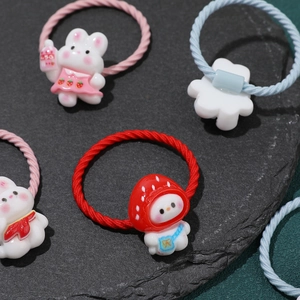 5-pack elastic hair ties for girls with cute resin bunny and strawberry charms